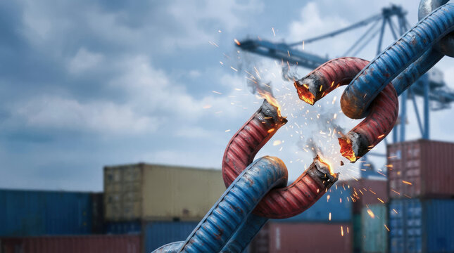 Supply chain disruption physical logistics transport gridlock concept as heavy metal link breaks with fiery spark and shipping container background under storm cloud