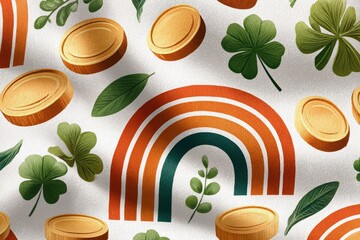 Fototapeta premium Lucky vibes t-shirt design with rainbow, gold coins and green clover pattern