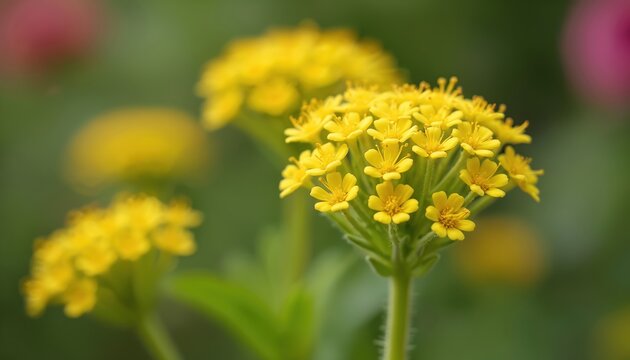Yellow flowers bloom in garden. Small lady bedstraw blossoms grow on green stems. Nature plant detail with soft bokeh background. Summer flora.