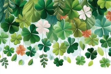 Fototapeta premium St. Patrick's Day background with falling shamrocks, green clover pattern and festive leaves