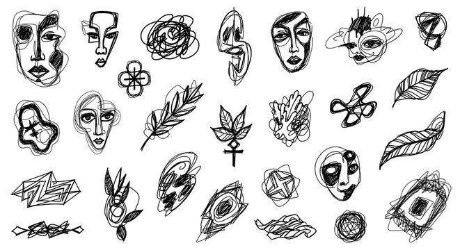 Abstract Faces and Organic Elements Doodle Collection in Black and White Line Art Style