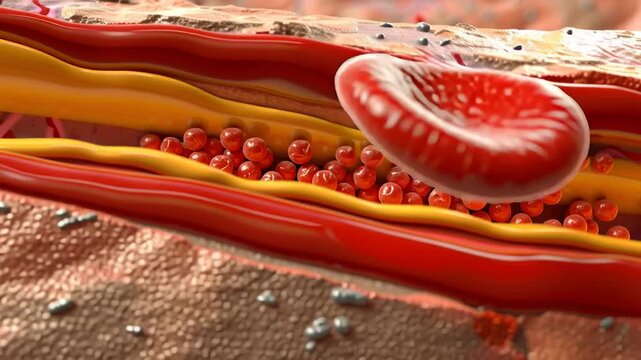 Microscopic Vascular Marvel: Detailed view of a human blood vessel, showcasing the complex interplay of blood components with a touch of modern scientific artistry.