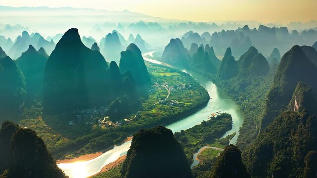 Spectacular aerial view of the Li River winding through dramatic karst mountains in Guilin, China