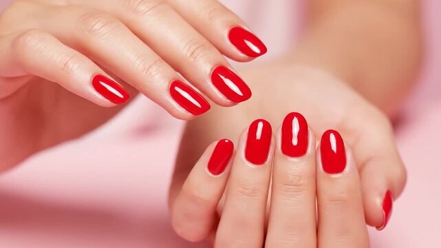 Elegant hands with vibrant red polished fingernails on a soft pink background