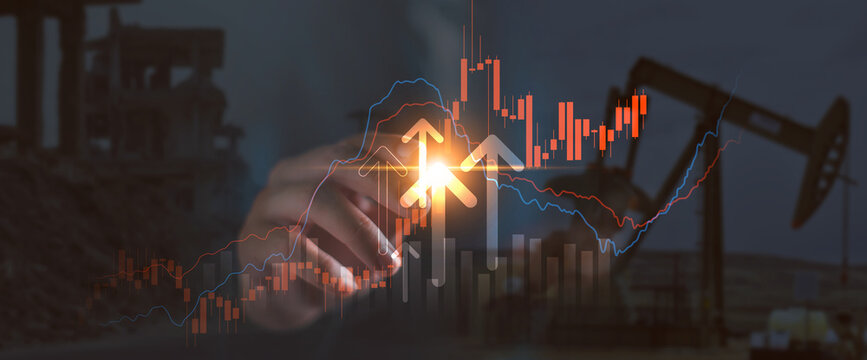 Conceptual of a hand interacting with a soaring oil price chart. Distressed of war-torn buildings and an oil pump jack, geopolitical conflicts drive rising energy costs and destabilize global economy.