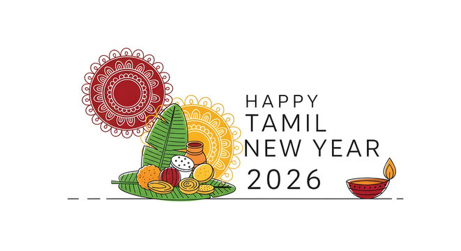 Happy Tamil New Year 2026 greeting temple silhouette mandala pattern minimalist design spring festival culture tradition