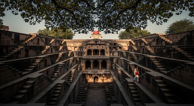 Ancient Indian stepwell with intricate architecture and serene surroundings
