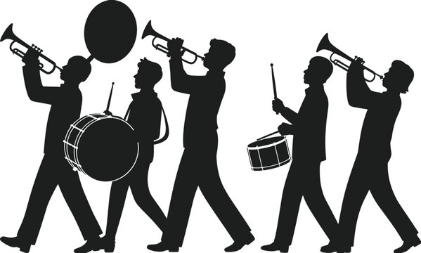 Silhouette marching band musicians playing trumpet, sousaphone, and snare drum in parade formation, musical performance, rhythmic movement, celebration