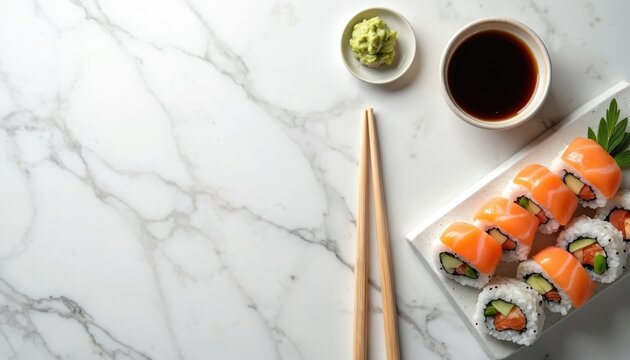 Fresh salmon sushi rolls arranged on white plate with chopsticks soy sauce and wasabi paste. Asian cuisine served on marble surface. Ready to eat Japanese meal.