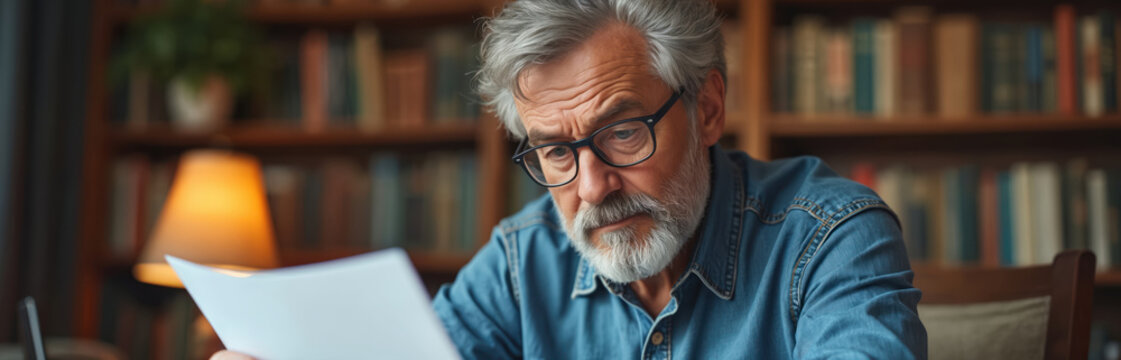 Mature man with grey beard glasses reads paper document at desk. Serious thoughtful man studies finance info in home library. Bookshelf in background.