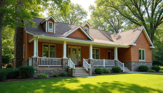 Elegant ranch house features warm wood siding stone accents large covered porch. Lush green lawn surrounded by mature trees. Inviting entryway perfect for family living suburban setting.