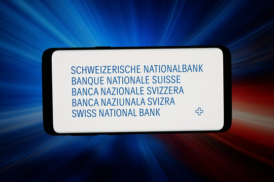 Stuttgart, Germany - 03-19-2026: In this photo illustration, the logo of institution Swiss National Bank (SNB) is displayed on a smartphone in front of abstract background on computer screen.