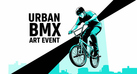 Naklejka premium Dynamic Urban BMX Art Event Depicting a Rider Performing a Stunt in a Modern Illustration