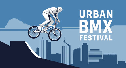 Naklejka premium Dynamic Urban BMX Festival Action Silhouette Of Cyclist Performing Stunt Over City Skyline