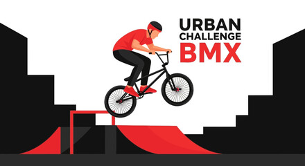 Naklejka premium Dynamic Urban BMX Rider Soars Through Air On Ramp Challenge