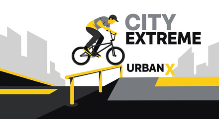 Naklejka premium Dynamic Urban BMX Rider Performs Extreme Stunt Above Cityscape Graphic