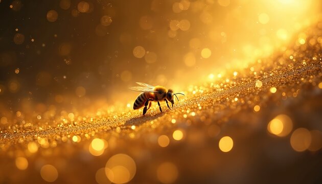 Macro view of honeybee on sparkling gold sand. Insect crawls on shimmering ground with bokeh lights. Tiny bee explores path in abstract luminous magical setting, nature theme.