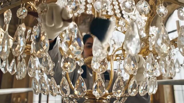 Restoration worker wearing white gloves carefully dusting a large crystal chandelier with a soft brush on a scaffold inside an ornate historic building with grand architecture