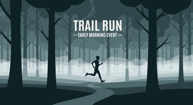 Early Morning Forest Trail Run Event Depicting Silhouette Runner Exercising in Nature