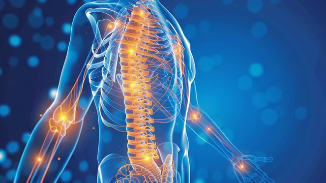 Human Anatomy: A striking visual representation of the human skeletal structure, highlighting joints and the spine, presented against a cool blue backdrop.