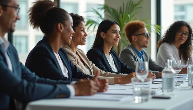 Diverse group of professionals listen attentively at a table during a business meeting. People are smiling and engaged. A panel discusses ideas in an office setting.