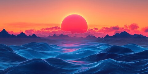 Fototapeta premium Vibrant sunset over ocean waves with mountain range in background serene landscape with warm orange and pink hues blue water