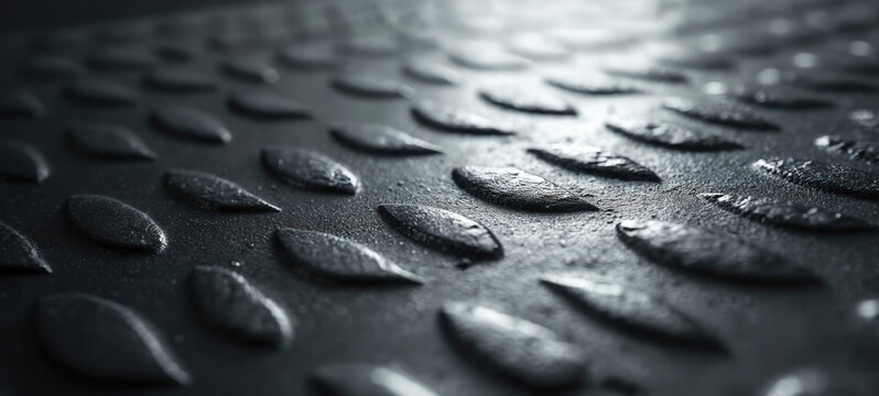 Close up textured metal sheet pattern. Raised diamond shapes create grip on industrial surface. Dark metallic background for construction and heavy industry concepts.
