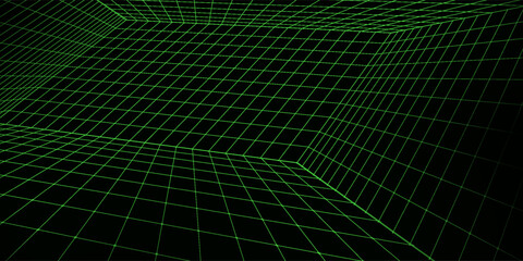 Obraz premium Neon green wireframe grid room. 3d perspective angle background. Futuristic digital outline space. Geometric dimension design. Vector template illustration