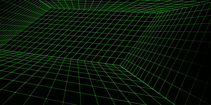Neon green wireframe grid room. 3d perspective angle background. Futuristic digital outline space. Geometric dimension design. Vector template illustration