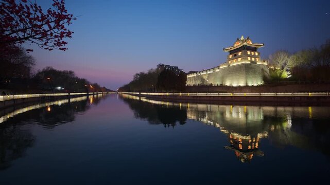 Night View of the Illuminated Zuoanmen Corner Tower Library and Plum Blossoms by the Moat, Beijing