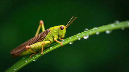 Fototapeta premium Macro Shot of Green Grasshopper on Blade of Grass with Morning Dew Drops, Wildlife and Nature Biodiversity Concept on Blurred Background