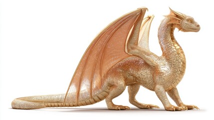 Fototapeta premium Golden dragon standing with wings extended on white background