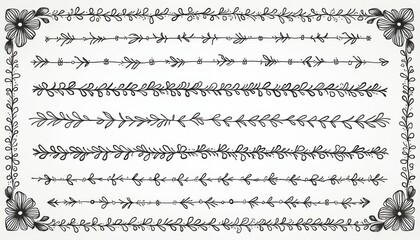 Fototapeta premium Collection of hand drawn borders and dividers with floral and leaf motifs. Includes delicate lines and patterns perfect for invitations, cards, and scrapbooking projects.