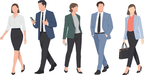 Obraz premium Business people walking with smartphones and bags, professional office workers cartoon vector illustration set