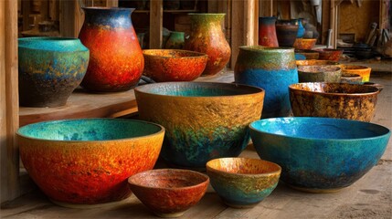 Fototapeta premium Array of Vibrant Handcrafted Pottery Vases and Bowls Displayed in a Workshop Setting