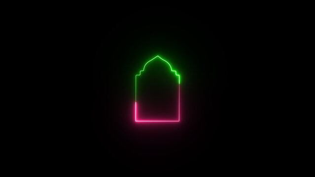 Glowing neon Islamic text frame icon on the black background.