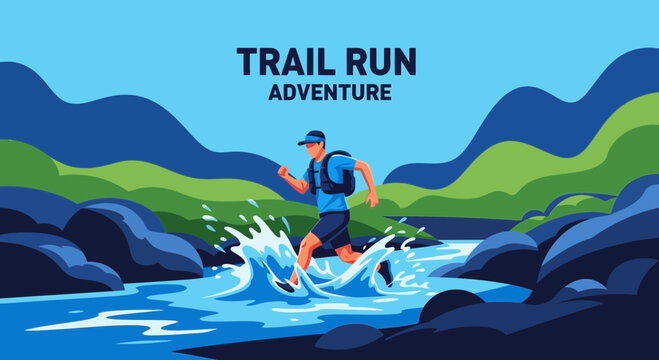Energetic Trail Runner Navigating a River in a Vibrant Landscape During Outdoor Adventure
