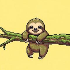 Obraz premium Adorable pixelated sloth hangs happily from a mossy tree branch against a pale yellow background