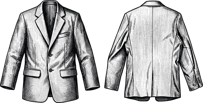 Men suit jacket front and back view vintage engraving illustration