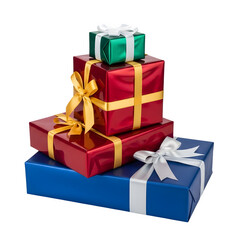Fototapeta premium Stack of Wrapped Gift Boxes with Colorful Ribbons on transparent background