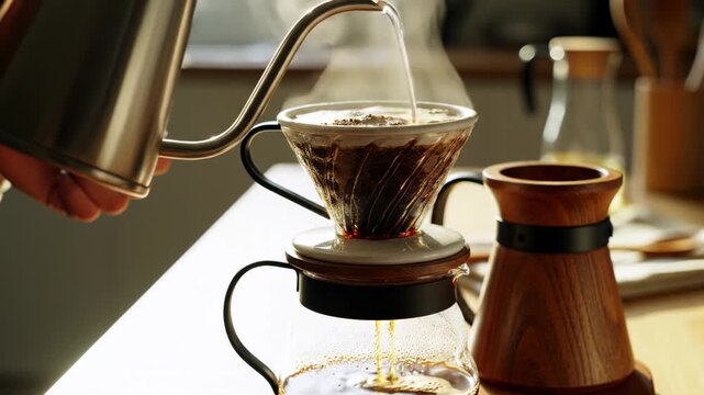 Cozy Hand-Brew Coffee Dripping with Steam and Copy Space