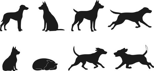 Fototapeta premium Set of eight black vector dog silhouettes featuring various breeds in active poses like running sitting and sleeping for pet industry graphic designs