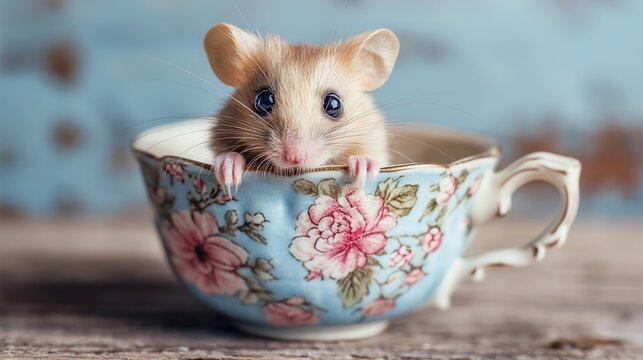 Charming Mouse Posing in a Teacup