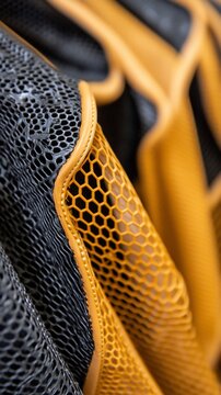 Close-up abstract view of textured fabric with honeycomb pattern and dark mesh.