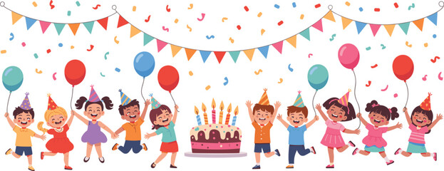 Obraz premium Happy kids celebrating birthday party with cake balloons and confetti, cartoon vector illustration set