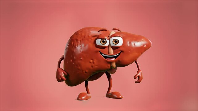 A cheerful 3D liver character with expressive eyes and a wide smile, posing confidently. The character is set against a solid pink background, ideal for medical infographics, pharmaceutical ads, or pe