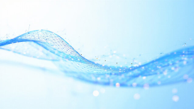 Abstract blue mesh wave with glowing particles, flowing data network concept