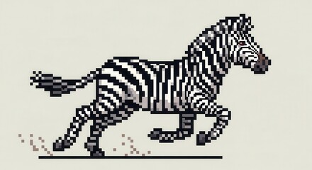 Obraz premium Striped equine animal depicted in low resolution pixel art style galloping across open ground