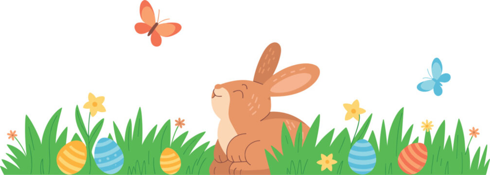Cute easter bunny in grass with eggs and butterflies, spring holiday cartoon vector illustration