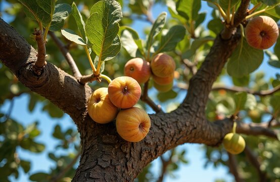 Ficus sycomorus tree branch shows ripe figs fruit in sun. Green leaves surround clusters of ripening organic figs growing outdoors. Healthy food, agriculture concept.